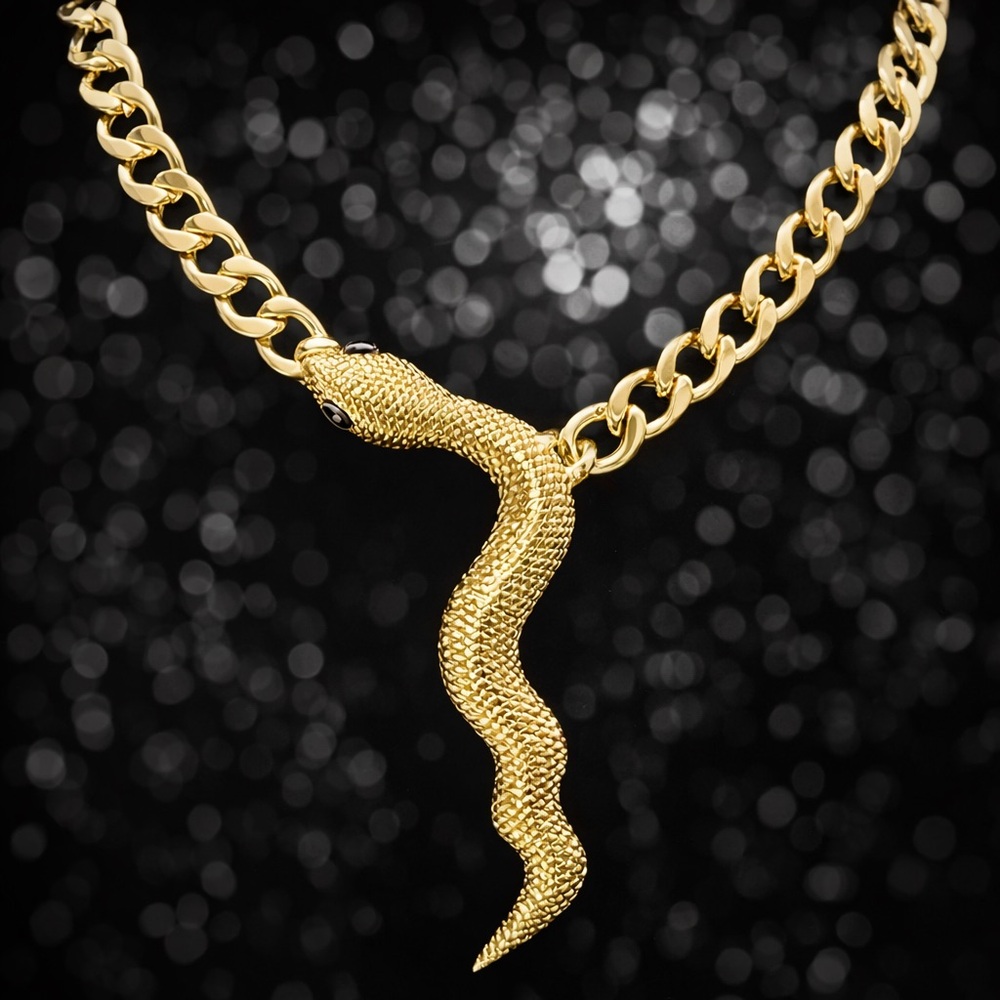 BIG SNAKE Statement Black Crystal Eyes Chain Curb Link Drop Necklace gold HSN